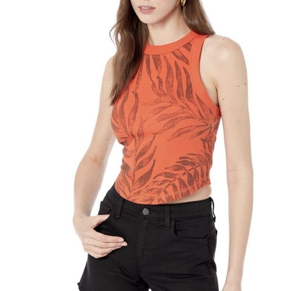 Free People Movement Cropped Tank, Orange With Black Leaf Print, Open Back, S